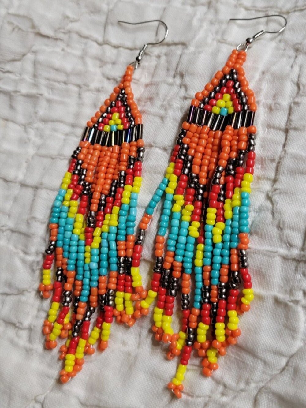 Artisan Shoulder Duster Fringe Earrings Beads Southwestern Native Design 4.5in